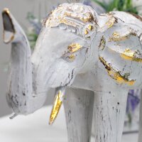 Figur Elefant Albesia Holz H: 24 cm Handarbeit in Weiß Gold