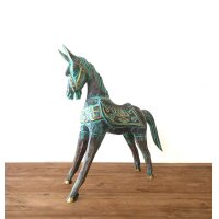 Figur Holz Pferd 24 cm hoch in Türkis Gold Handarbeit