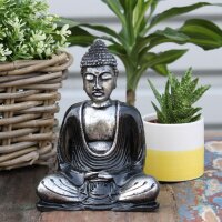 Dekostatue Buddha 15 cm Dhyana Mudra Schwarz Grau Handbemalt