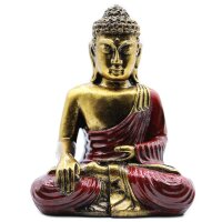 Figur Buddha Resin 22 cm in Gold Rot Varada Mudra Handbemalt