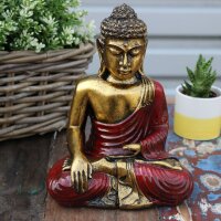 Figur Buddha Resin 22 cm in Gold Rot Varada Mudra Handbemalt