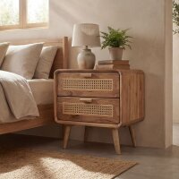 Nachttisch mit Schubladen Teakholz Rattan Retro Design