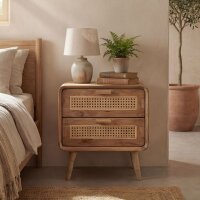 Nachttisch mit Schubladen Teakholz Rattan Retro Design