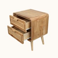 Nachttisch mit Schubladen Teakholz Rattan Retro Design
