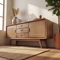 Sideboard Teak Rattan 150 cm – 3 Schubladen Retro...