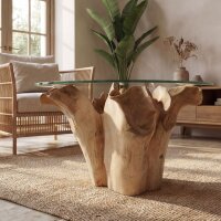 Couchtisch rund Ø 65 cm Teakholz Glas massiv Unikat