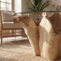 Couchtisch rund Ø 65 cm Teakholz Glas massiv Unikat
