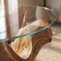 Couchtisch rund Ø 65 cm Teakholz Glas massiv Unikat