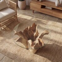 Couchtisch rund Ø 65 cm Teakholz Glas massiv Unikat