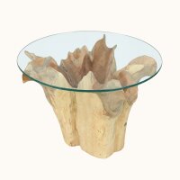 Couchtisch rund Ø 65 cm Teakholz Glas massiv Unikat