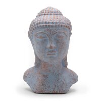 Statue Buddha Kopf 30 cm hoch Beton Holz in Grau Kupfer Deko