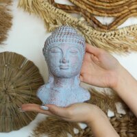 Statue Buddha Kopf 30 cm hoch Beton Holz in Grau Kupfer Deko