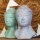 Statue Buddha Kopf 30 cm hoch Beton Holz in Grau Kupfer Deko