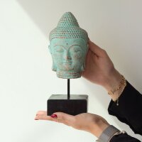 Dekostatue Buddhakopf 30 cm hoch Beton Holz in Grün Kupfer