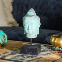 Dekostatue Buddhakopf 30 cm hoch Beton Holz in Grün Kupfer