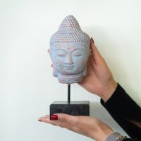 Statue Buddha Kopf 30 cm hoch in Blau Kupfer aus Beton Holz