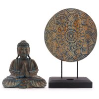 Deko Statue Feng Shui Set Mandala + Buddha Holz Handarbeit
